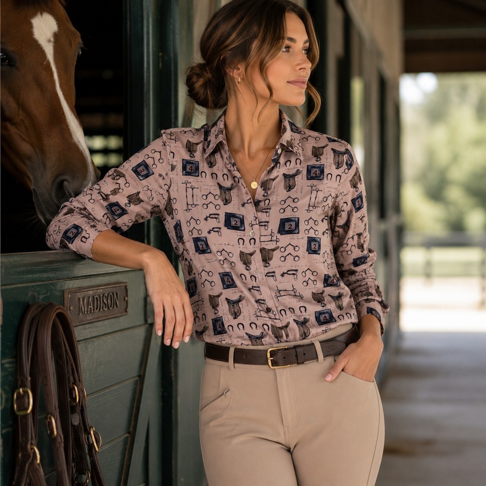 Vintage Ishya Silk Equestrian Shirt Horse Bit Print Blouse Womens 6 80s 90s